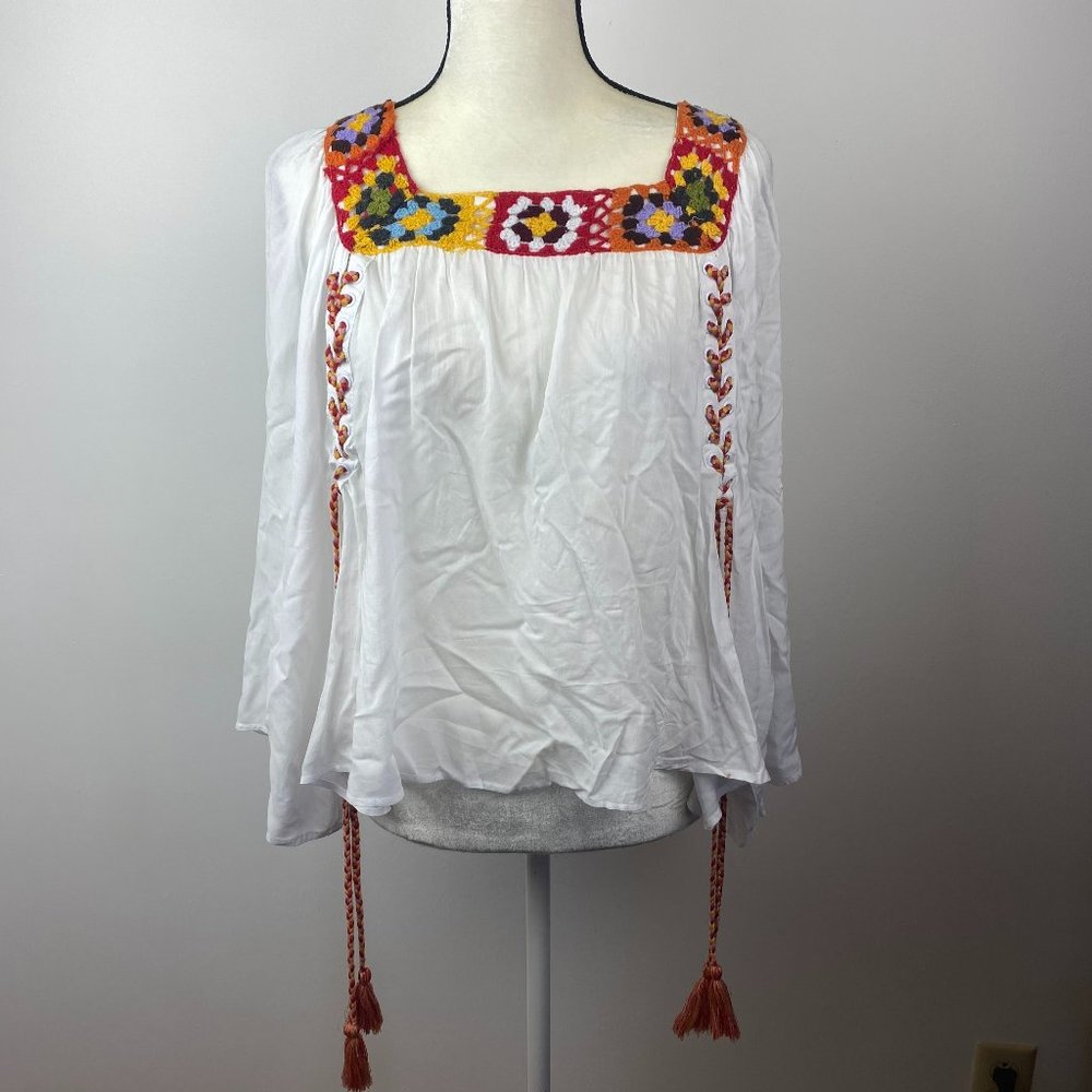 Rock & Indigo Flowy Crochet Detail Lace Up Blouse